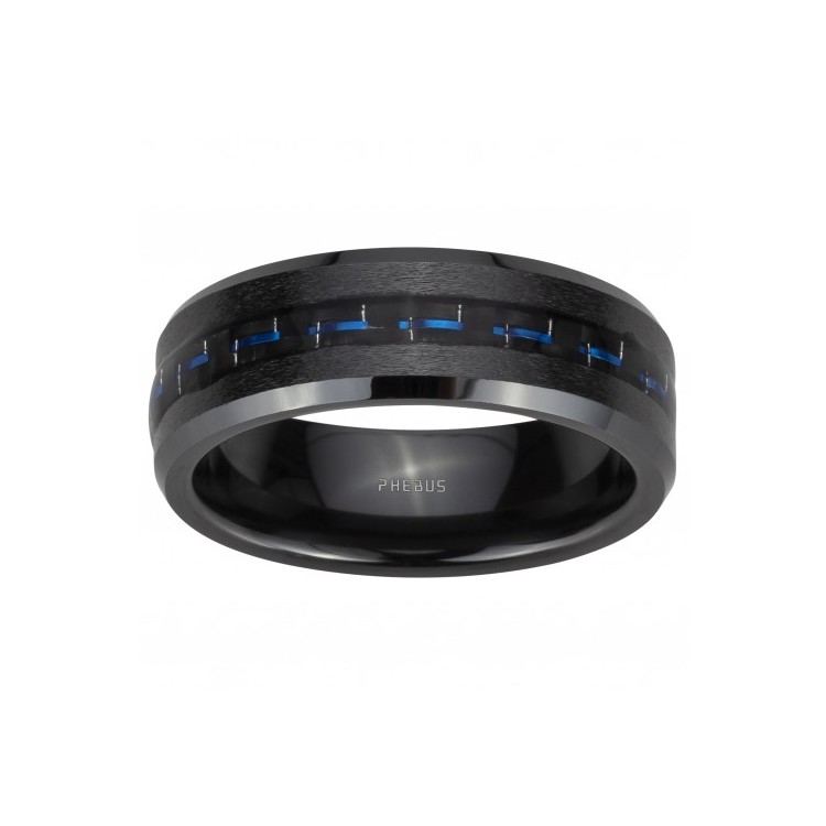 Bague céramique noir et carbone bleu