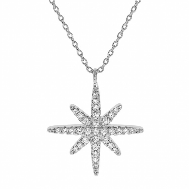 COLLIER ARGENT RHODIE PENDENTIF ETOILE OXYDES BLANCS SERTIS 40+4CM
