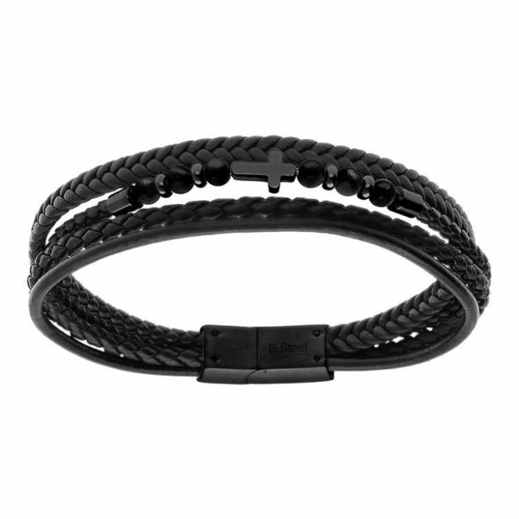 Bracelet cuir multi rangs Agathe noire Bracelet cuir multi rangs Agathe noire